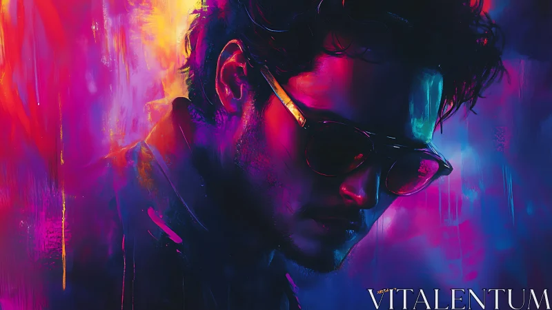 Moody neon portrait of man in sunglasses at night.