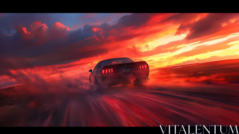 Rear view muscle car on empty road at intense sunset sky.