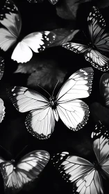 Monochrome butterflies drift gently through shadowed foliage