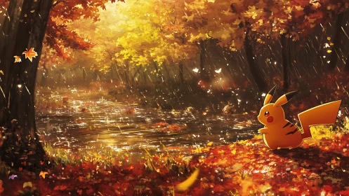 Pikachu enjoying a golden autumn rain by a quiet river.