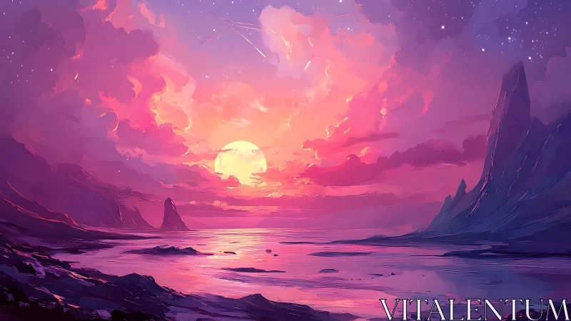 Radiant alien sunset bathes a tranquil coastal landscape.