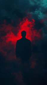 Silhouette stands before crimson storm in cyan haze.