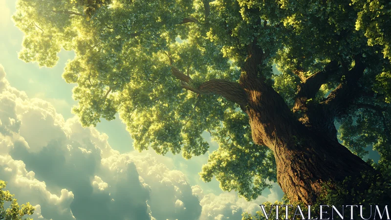 Majestic old oak tree against sunlit sky, dreamy nature illustration.