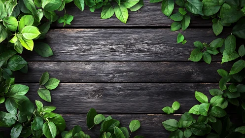 Green leaves framing dark rustic wooden boards background.
