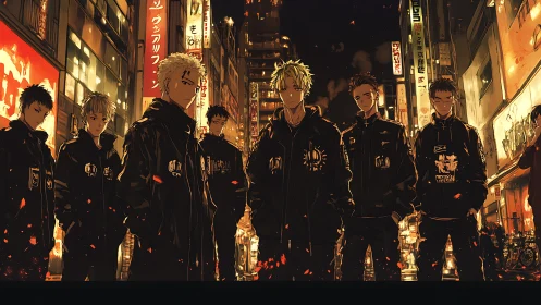 Neon lit anime street gang in urban alleyway at night