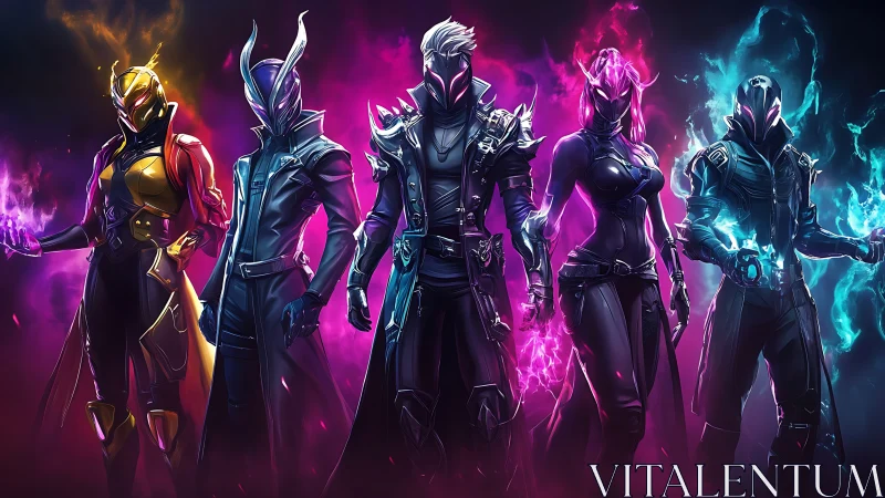 Neon-lit armored sorcerer squad with chromatic elemental auras