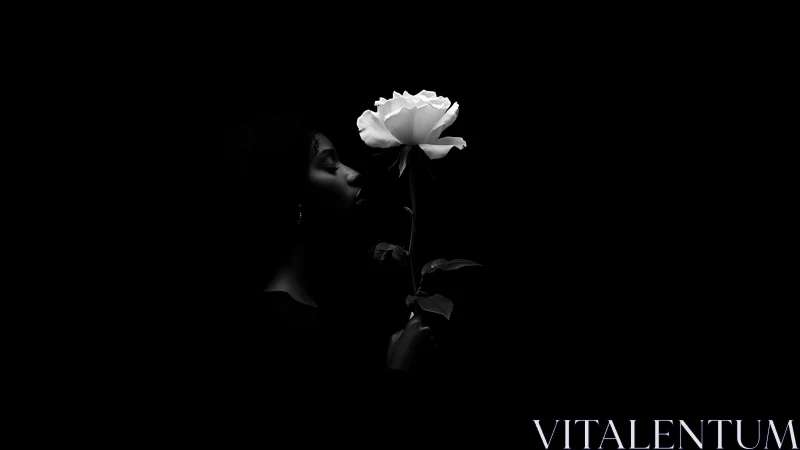 Woman holds single white rose in dramatic low key lighting