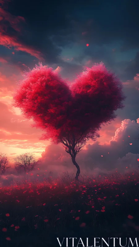 Heart-Shaped Tree at Sunset with Falling Petals.
