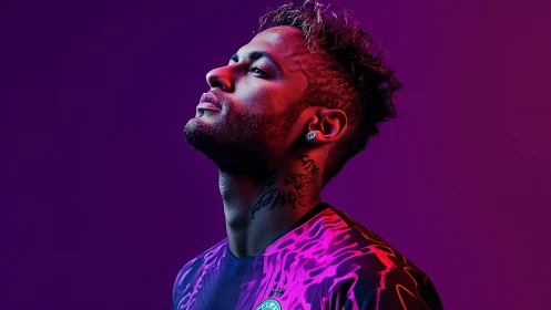 Profile portrait of footballer under vivid neon lighting