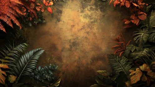 Rust-hued jungle fronds quietly frame a glowing bronze void