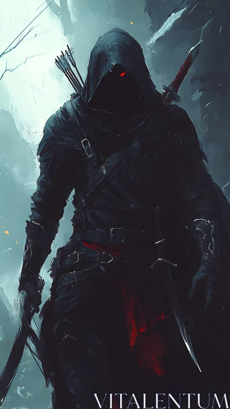 Hooded shadow assassin in chiaroscuro digital painting profile.