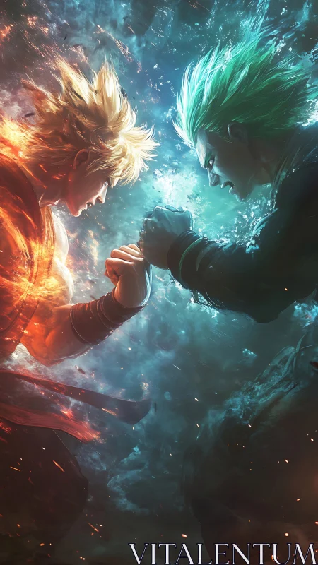 Twin tempests of fire and ice collide in clenched resolve