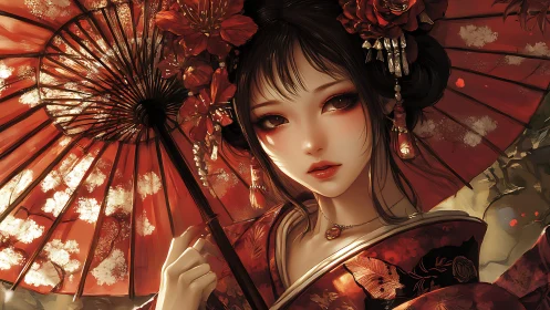 Woman in red kimono holds parasol and looks directly forward