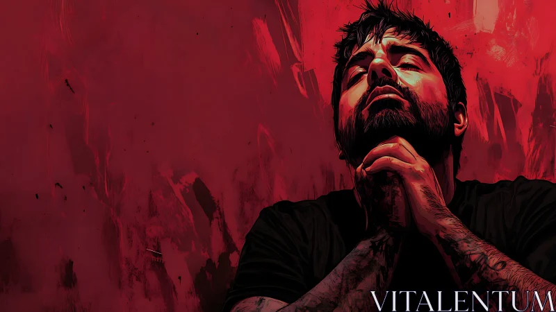 High-contrast digital portrait isolates imploring pose in red field