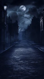 Moonlit cobblestone street welcomes quiet midnight wanderers