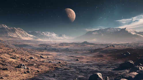 Desolate exoplanet valley under crescent moonlit sky panorama.