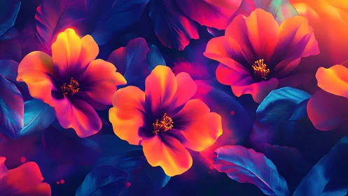 Neon hibiscus blossoms glow over deep indigo foliage