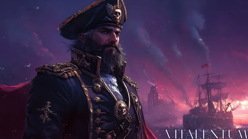 Naval admiral surveys burning harbor under crimson dusk sky