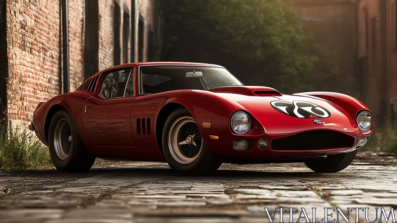 Crimson racing legend purrs along sunlit cobblestone street.