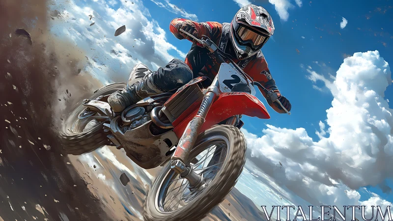 Dynamic low-angle dirt bike cornering with kinetic dust plume.