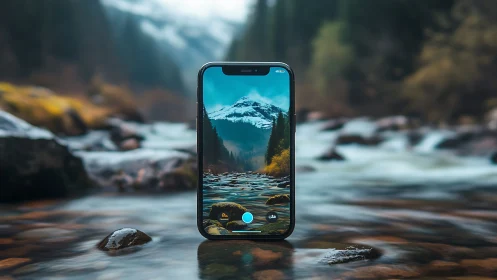 Phone in a mountain stream blending tech with calm nature.