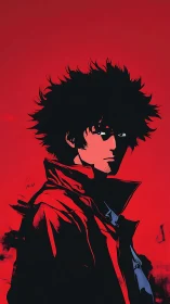 Storm-tossed drifter in red, carved from shadow and neon fire.