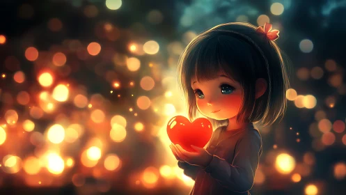 Soft evening glow surrounds a child holding a warm heart light