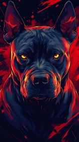Intense stylized dog portrait in bold red and blue tones.