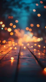Bokeh street lights on wet wood at twilight in teal and amber.