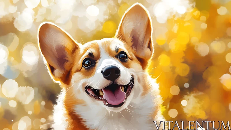 Joyful corgi portrait glows in warm golden bokeh light.