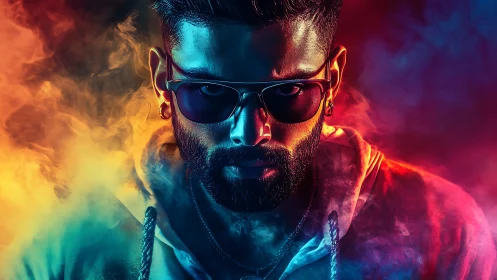 Neon-lit cyberpunk portrait in dual-tone smoke environment.