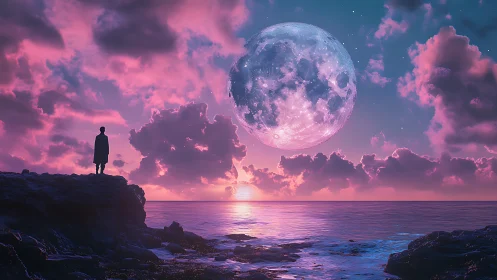 Lone dreamer watches a colossal moon ignite the neon sea.
