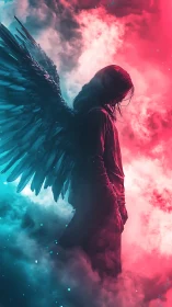 Neon storm seraph striding between cotton candy clouds.