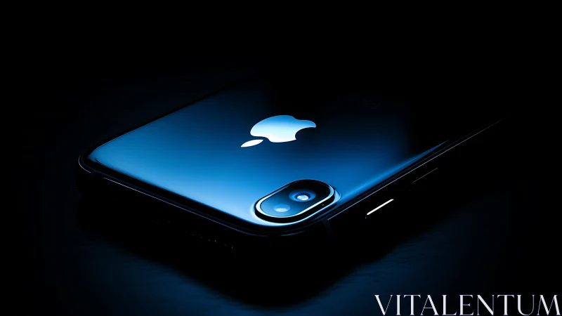 Blue iPhone glowing in darkness with illuminated Apple logo