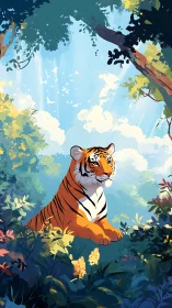 Tiger resting in dense forest clearing under daylight sky.