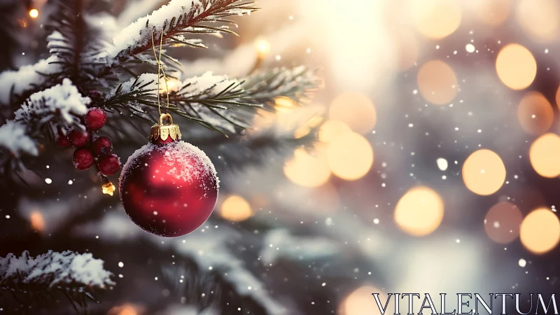 Snowy red ornament glows softly on a peaceful Christmas tree