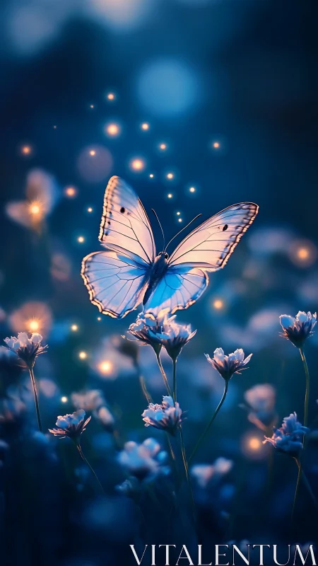 Luminous butterfly hovers over moonlit wildflowers at dusk.