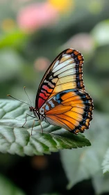 Colorful butterfly rests on leaf in soft blurred garden