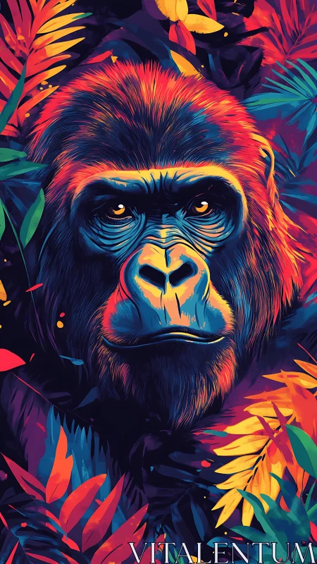 Gorilla portrait in neon jungle palette with vivid foliage.
