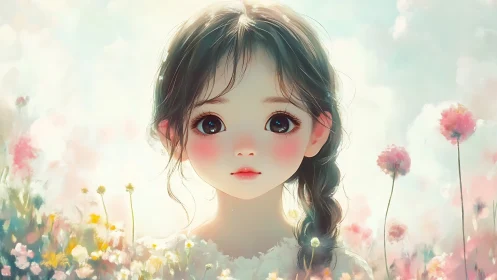 Anime girl portrait amid dreamy pastel flower field.