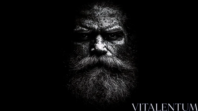 Grit-textured bearded portrait in stark low key monochrome.