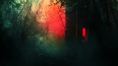 Forest scene with dramatic red light and dense green vegetation