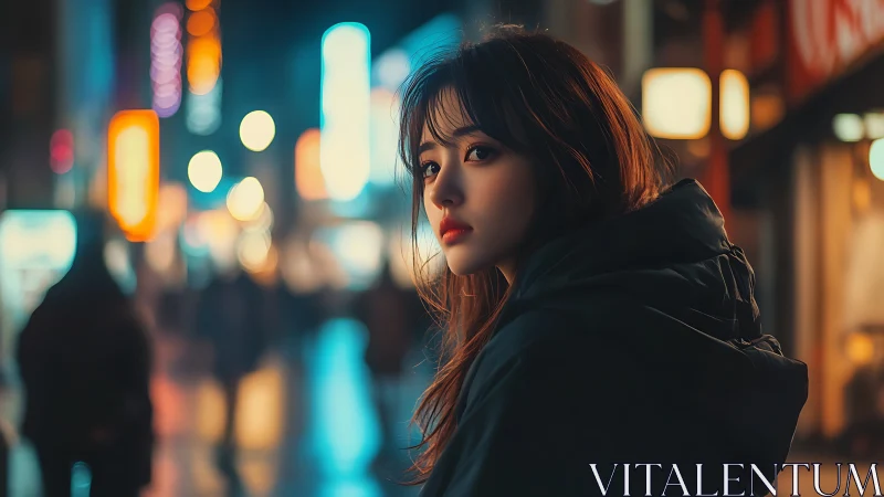 Digital portrait girl in neon city street at night.