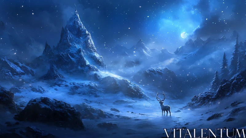 Lone stag illuminated in a moonlit alpine snowstorm panorama