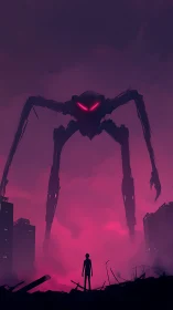 Lone dreamer faces towering mech in neon dusk mist.