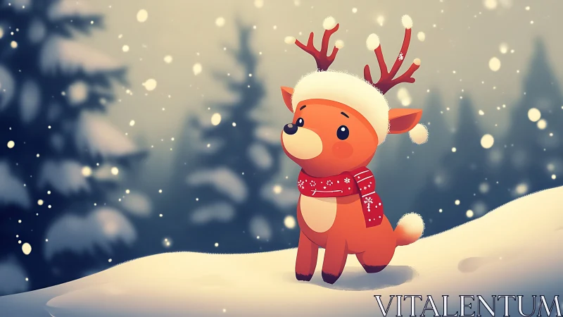 Cute winter reindeer in snow with cozy red scarf