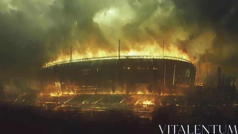 Large enclosed stadium structure burns amid dense smoke
