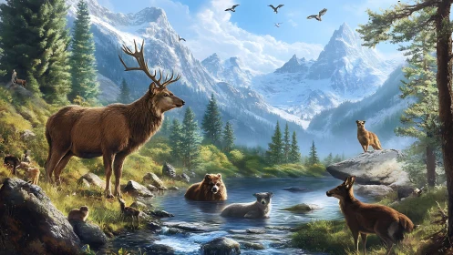 Mountain wildlife gathering beside crystal alpine lake at dawn.