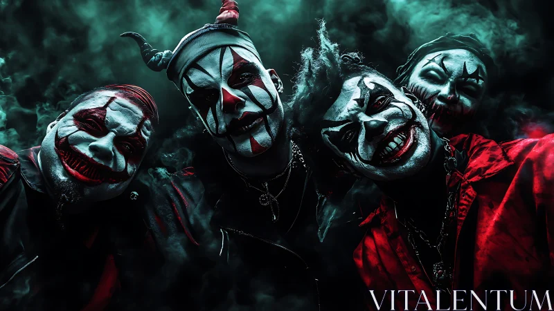 Neon nightmare clowns grin through swirling carnival smoke.