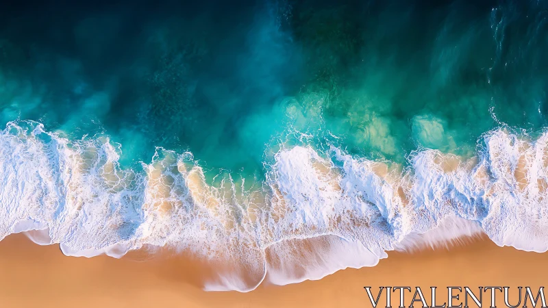 Rolling turquoise waves gently kiss a quiet golden shore